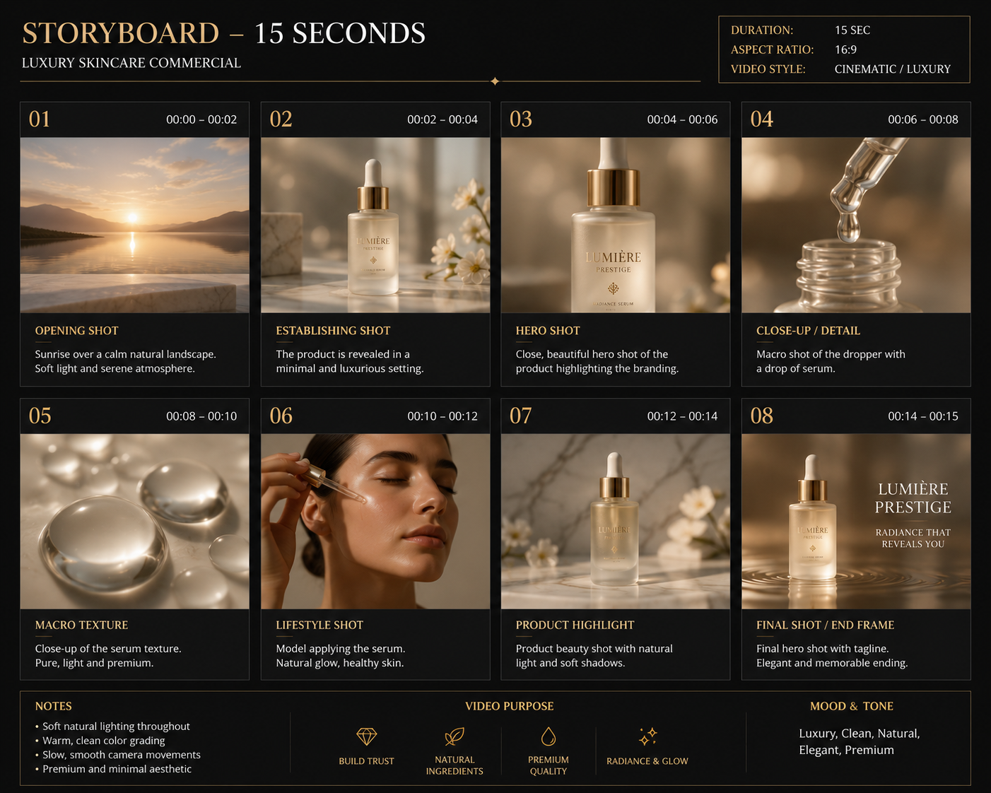 Lumière Prestige Radiance Serum — storyboard