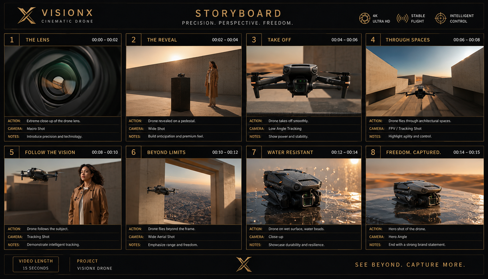 VisionX Cinematic Drone — storyboard